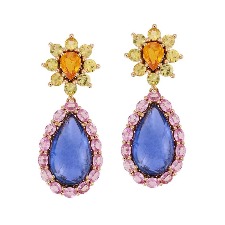 Beautiful bespoke Art Deco earrings with tanzanite and pink sapphires by Greek designer Ileana Makri.